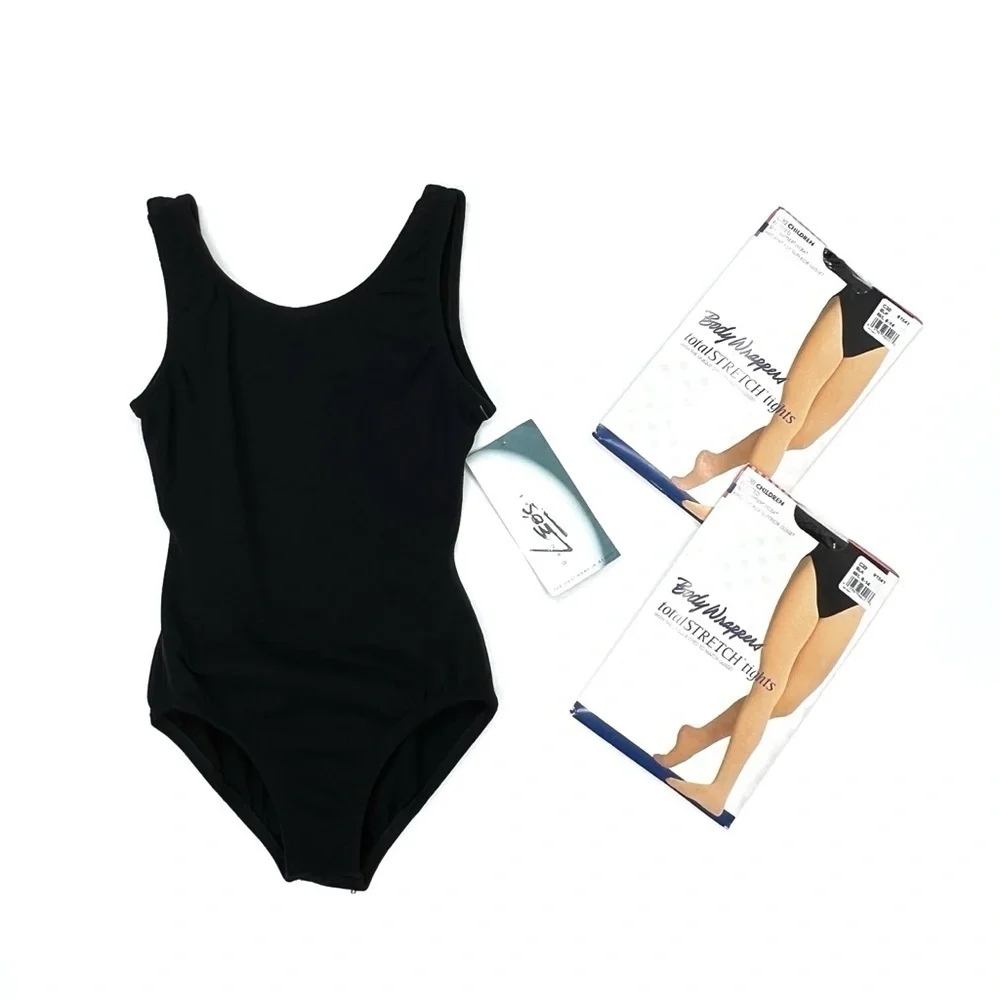 Body Wrappers 2 Pair Footed Tights Black M/L + Leo’s Large Black Leotard New NWT